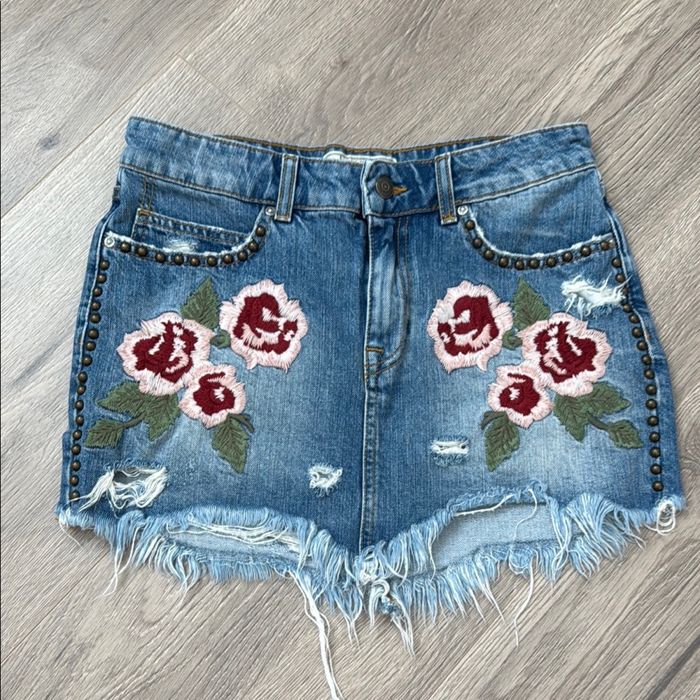 Free People Denim Mini Skirt with Floral Embroidery